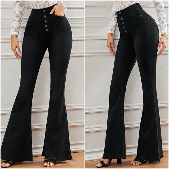 high waist button fitted Dark wash denim bell bottom Jeans - Picture 6 of 12